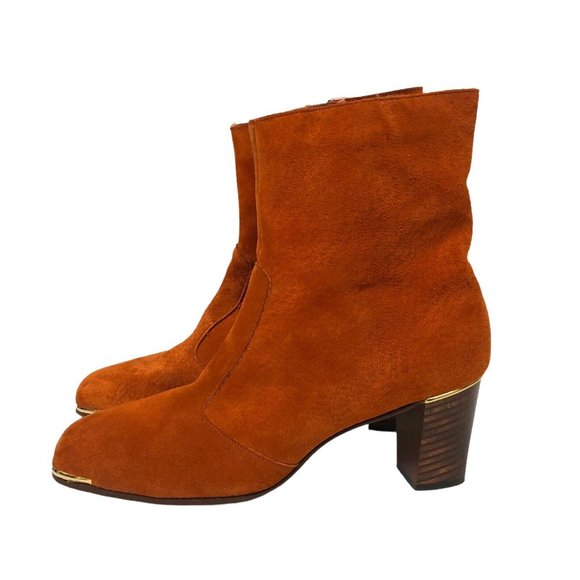 SOLD Vintage 60s Retro Burnt Orange Suede Leather Square Toe Chunky Heel Boots - Picture 2 of 12